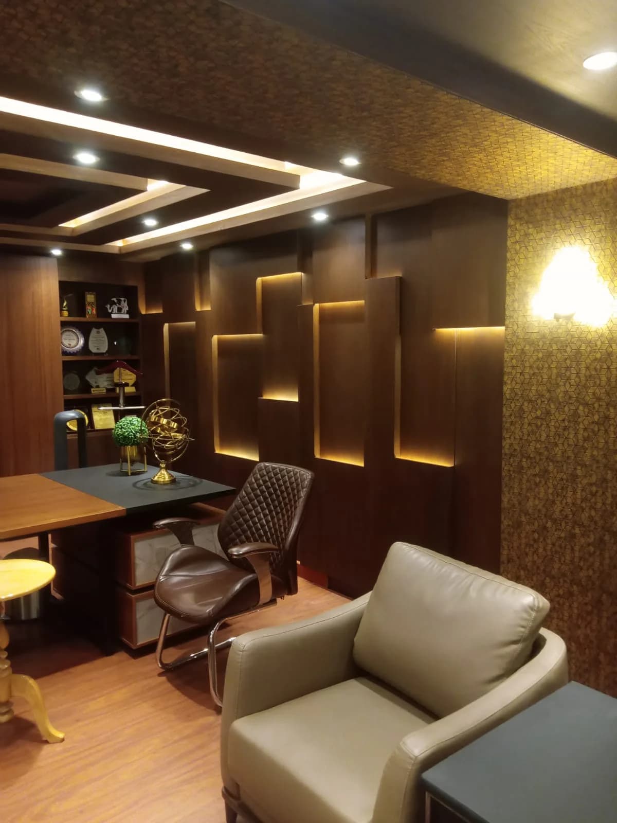 Executive office interior with custom wall panelling and joinery