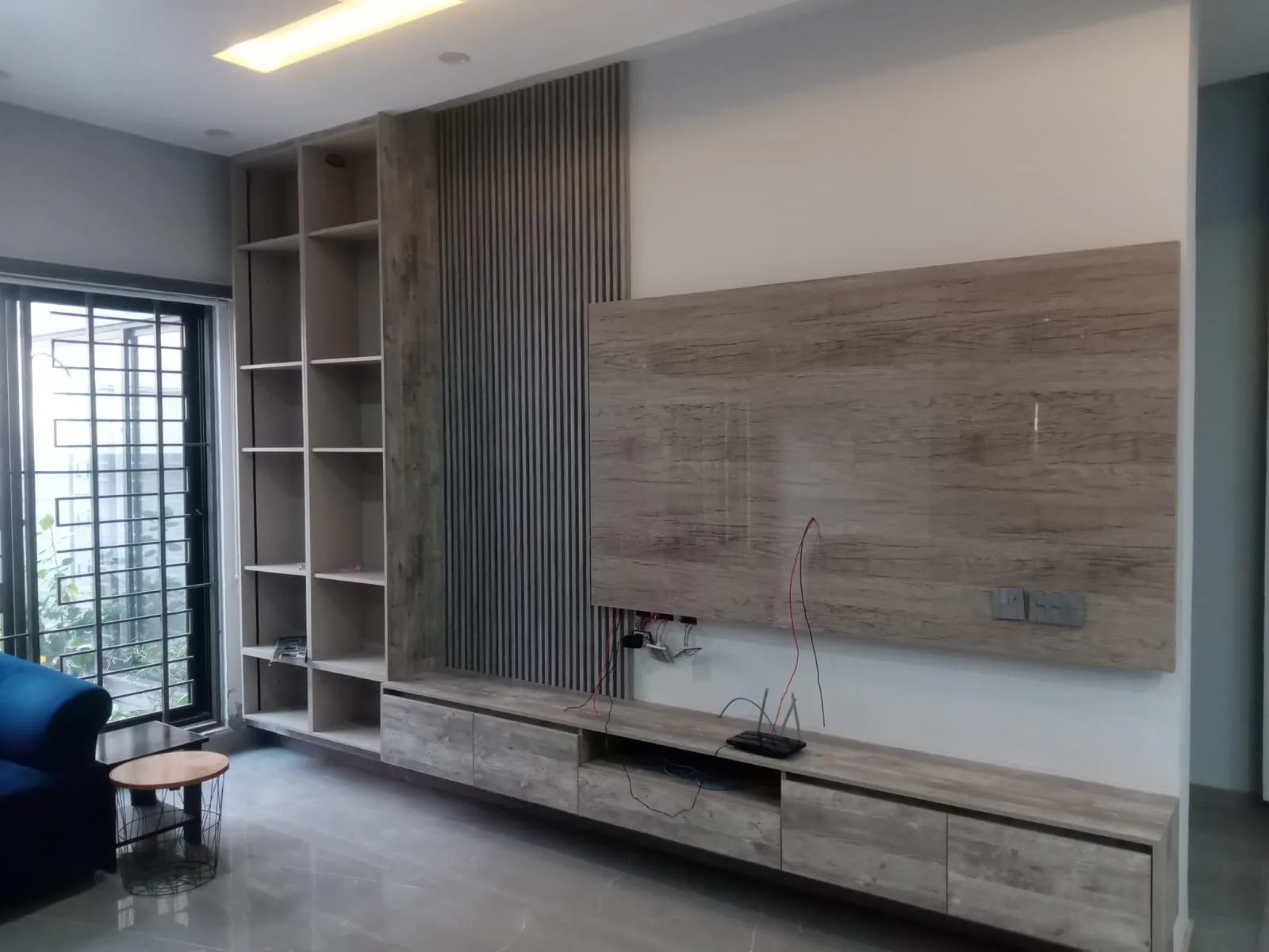 Residential media wall installation in progress